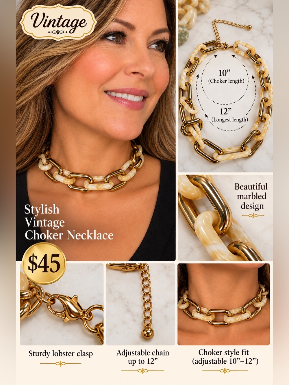 Stylish Vintage Marbled Gold & Cream Choker Necklace